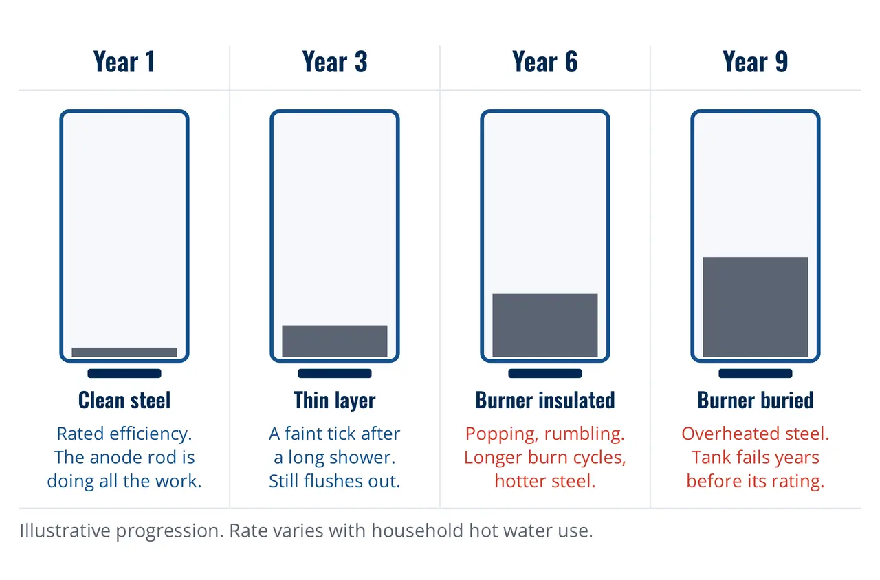Water heater sediment — How a sediment layer builds in a water heater tank over nine years in San Antonio water